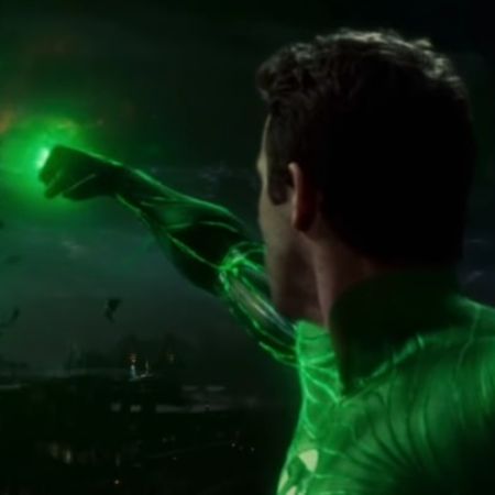 Green Lantern is pointing the ring at the sky.